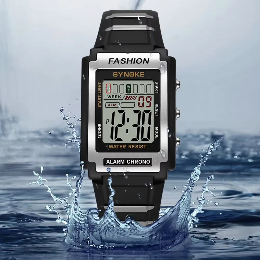 SYNOKE Men's Rectangular Sports Watch - Waterproof to 50M, Night Light, Large Display, Alarm Function, Retro Trend Design
