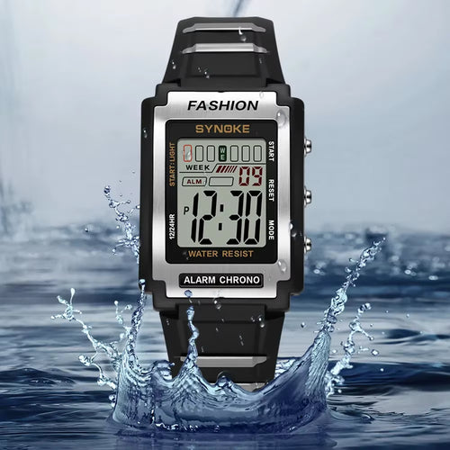 SYNOKE Men's Rectangular Sports Watch - Waterproof to 50M, Night Light, Large Display, Alarm Function, Retro Trend Design