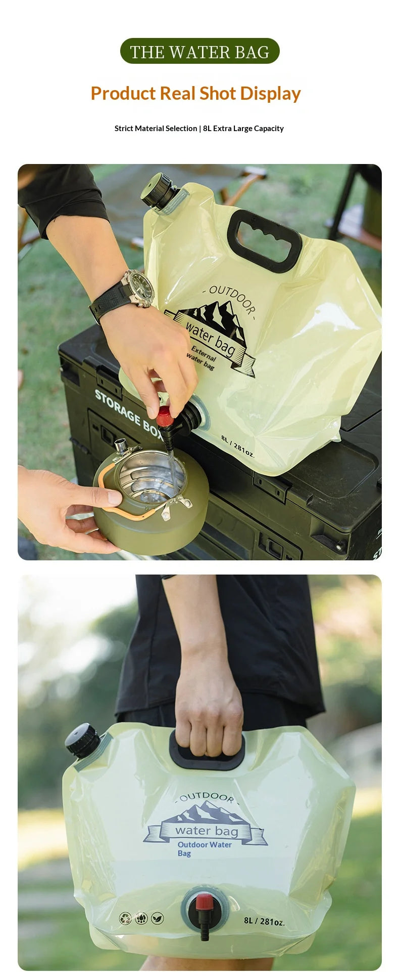 Saco de Armazenamento de Água Dobrável Portátil com Torneira, 8L de Grande Capacidade, Anti-vazamento para Acampamento ao Ar Livre, Desporto, Caminhada, Saco de Água de Plástico